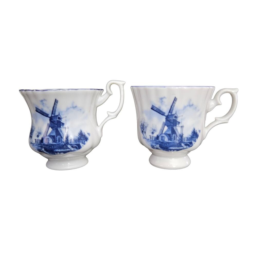 Delft Blue Windmill Teacups Set of 2 Holland Porcelain Footed Cups